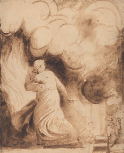 A Mother with Her Child in Her Arms Flying upon the Ramparts of a City in Flames by George Romney